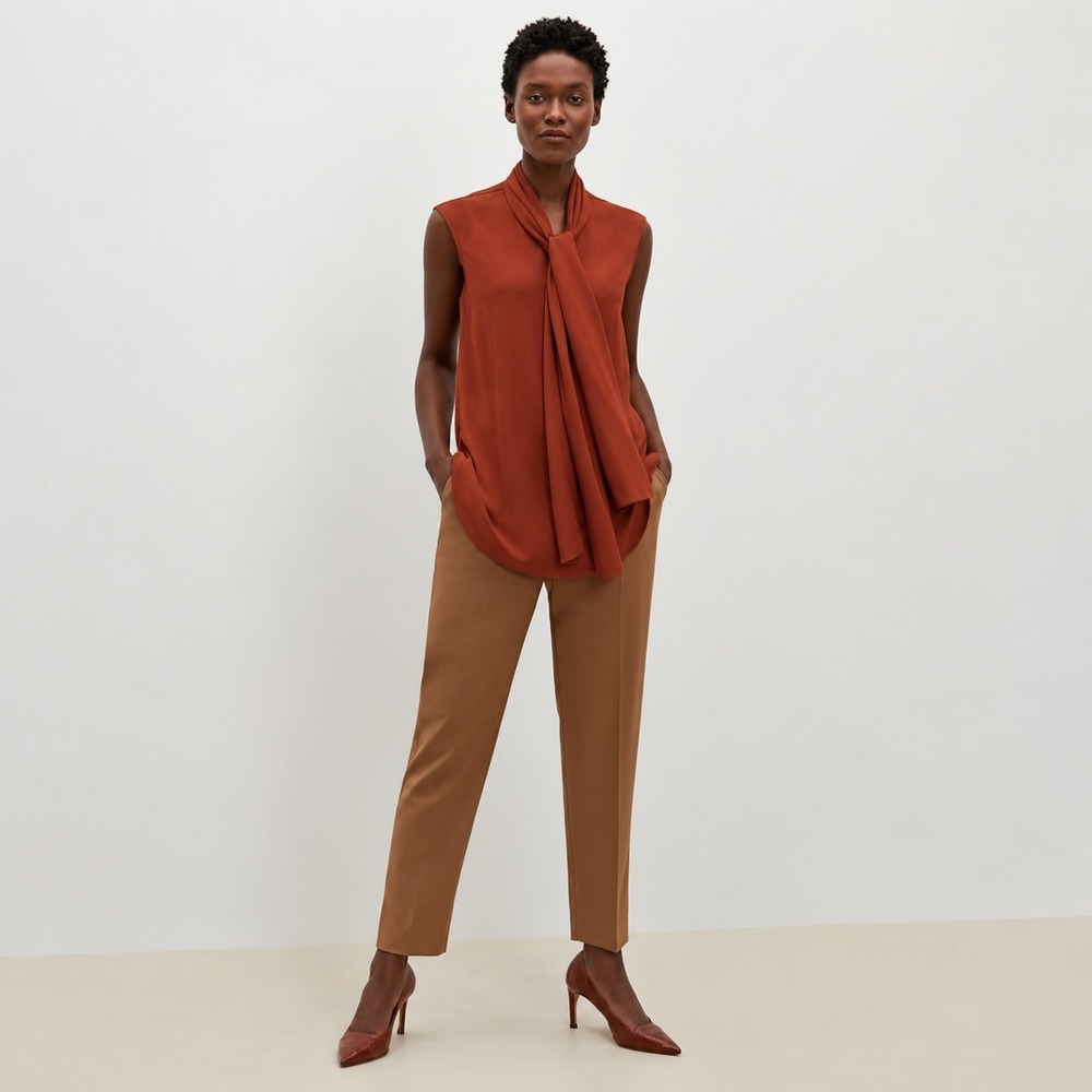 MM LaFleur Women Terracotta Rust Scarf Tie Neck Sleeveless Crepe Top XS BS2TPZ